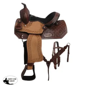 12" Double T Youth barrel style saddle set with zigzag tooling.