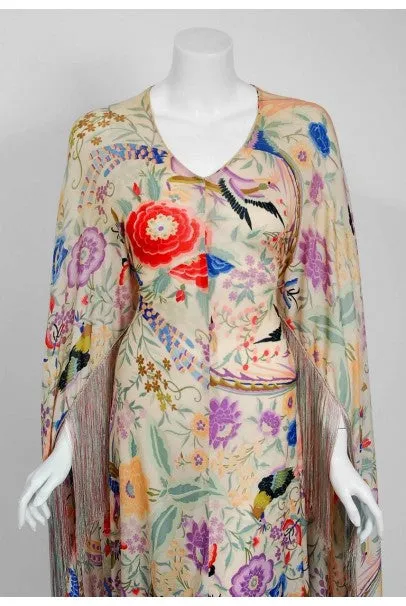 1971 Missoni Couture Colorful Floral Bird Print Silk-Jersey Fringe Caftan Gown