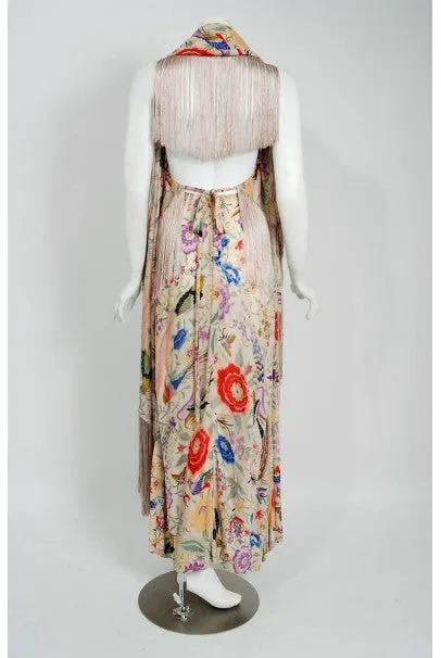 1971 Missoni Couture Colorful Floral Bird Print Silk-Jersey Fringe Caftan Gown