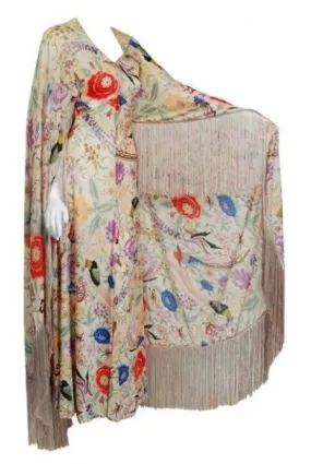 1971 Missoni Couture Colorful Floral Bird Print Silk-Jersey Fringe Caftan Gown