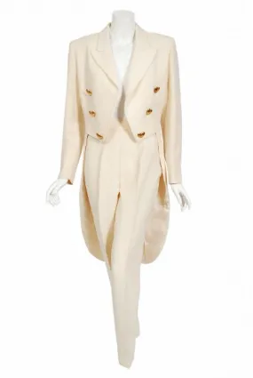 1993 Moschino Couture Cream Wool Heart Buttons Tuxedo Jacket & Pants Set