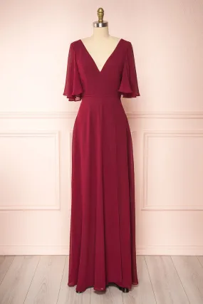 Adelphia Burgundy | V-Neck Chiffon Maxi Dress