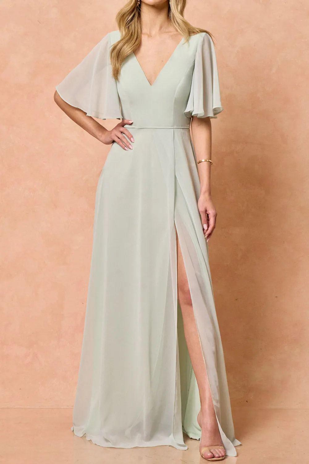 Adelphia Sage | V-Neck Chiffon Maxi Dress