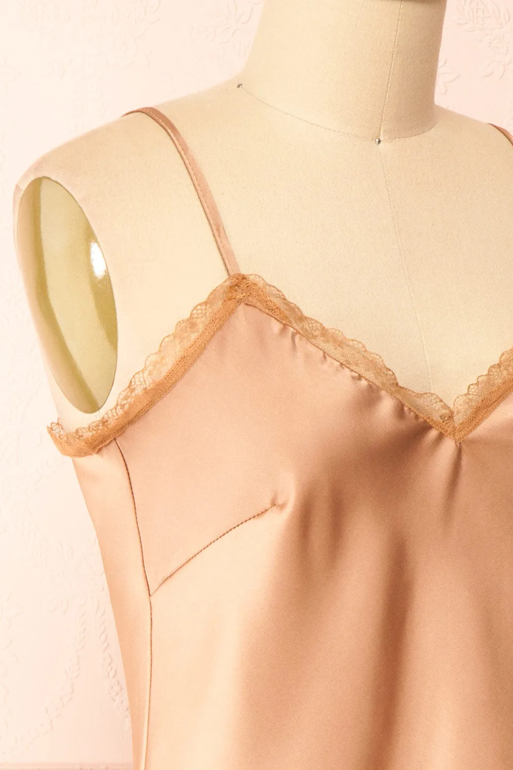 Alexa Caramel | Satin Cami Top w/ Lace Trim