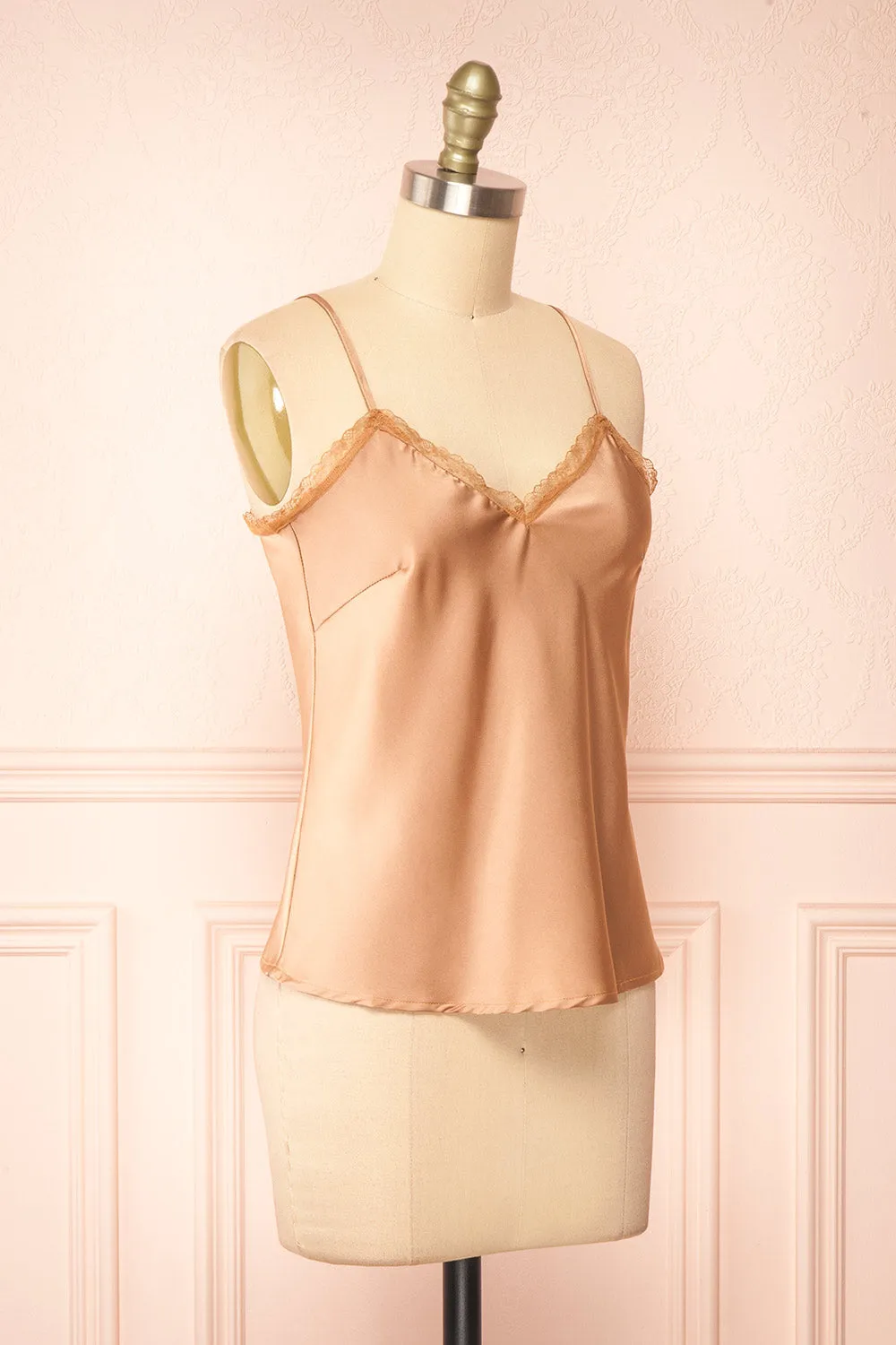 Alexa Caramel | Satin Cami Top w/ Lace Trim