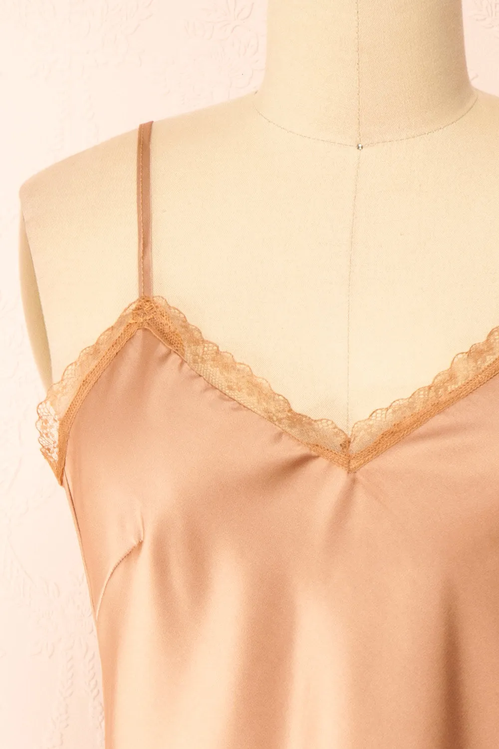 Alexa Caramel | Satin Cami Top w/ Lace Trim