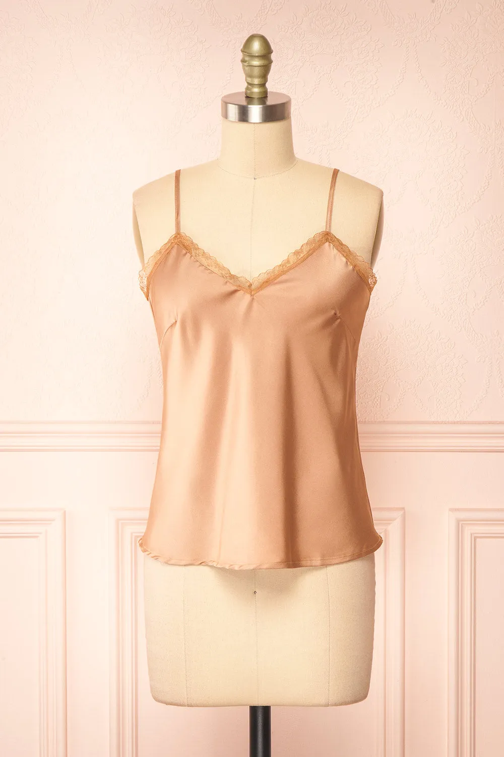 Alexa Caramel | Satin Cami Top w/ Lace Trim