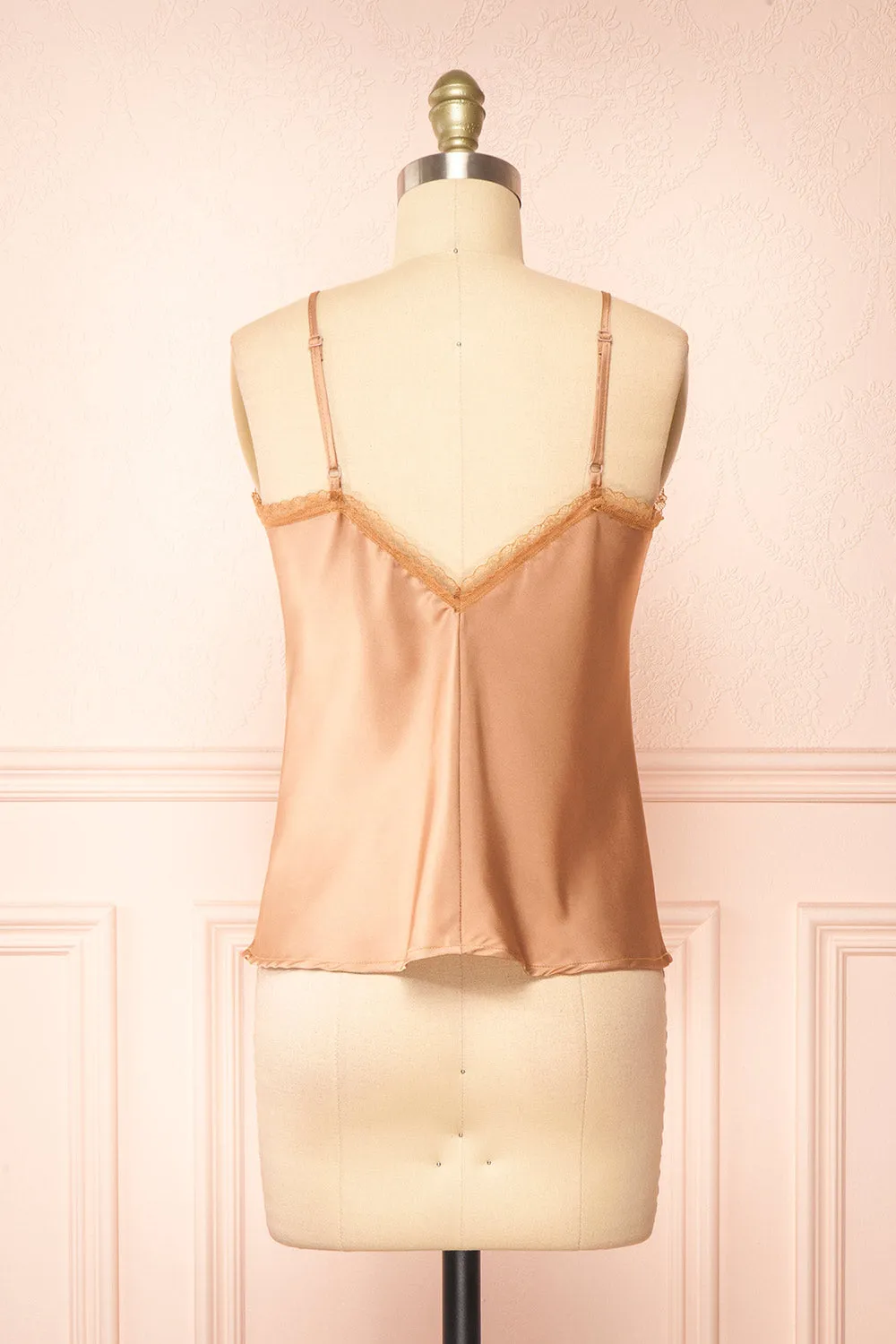 Alexa Caramel | Satin Cami Top w/ Lace Trim