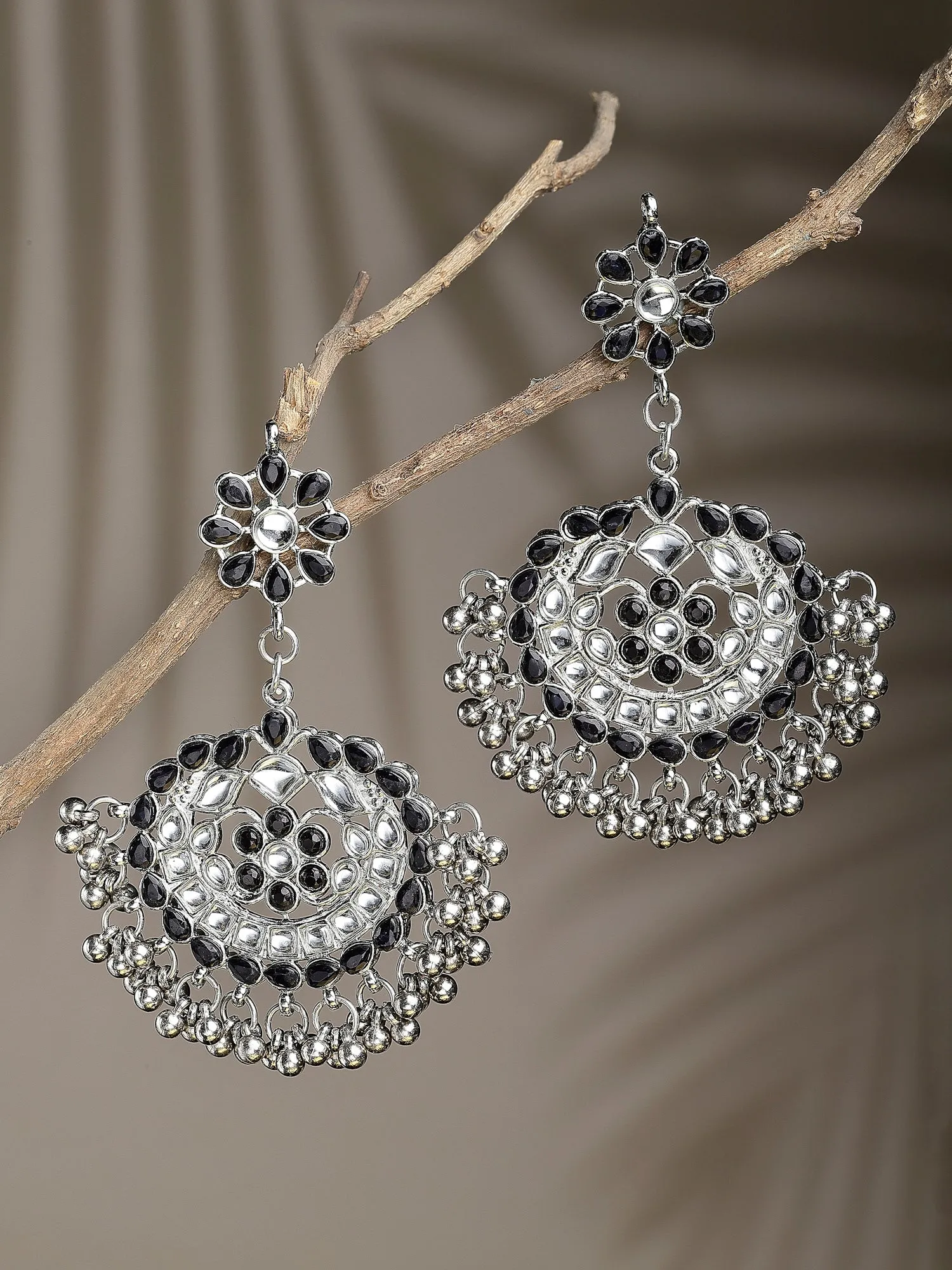 Antique Black Kundan Studded Oxidised Silver Handcrafted Chandbali Earrings