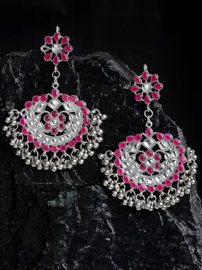 Antique Ruby Red Kundan Studded Oxidised Silver Handcrafted Chandbali Earrings