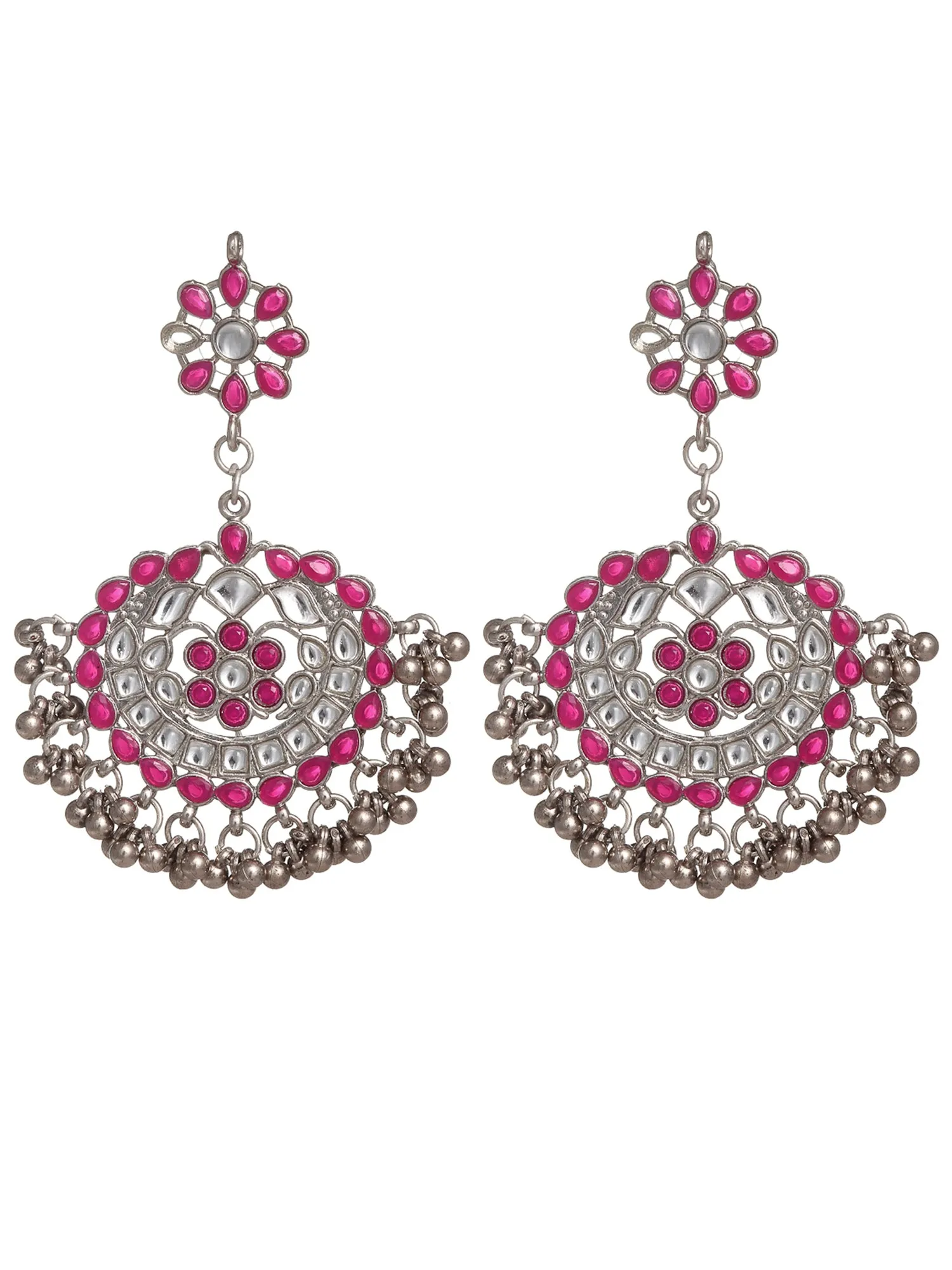 Antique Ruby Red Kundan Studded Oxidised Silver Handcrafted Chandbali Earrings