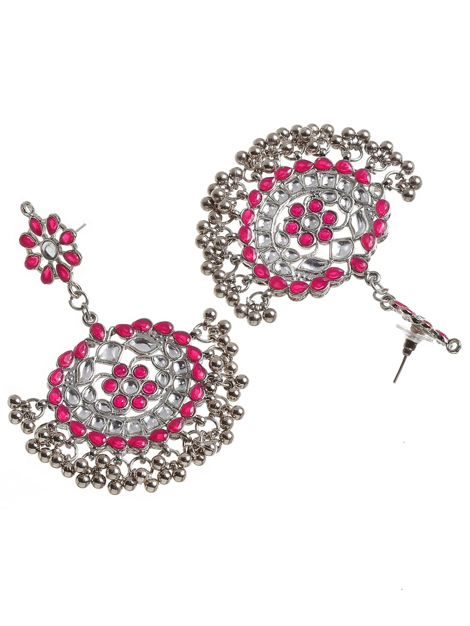 Antique Ruby Red Kundan Studded Oxidised Silver Handcrafted Chandbali Earrings