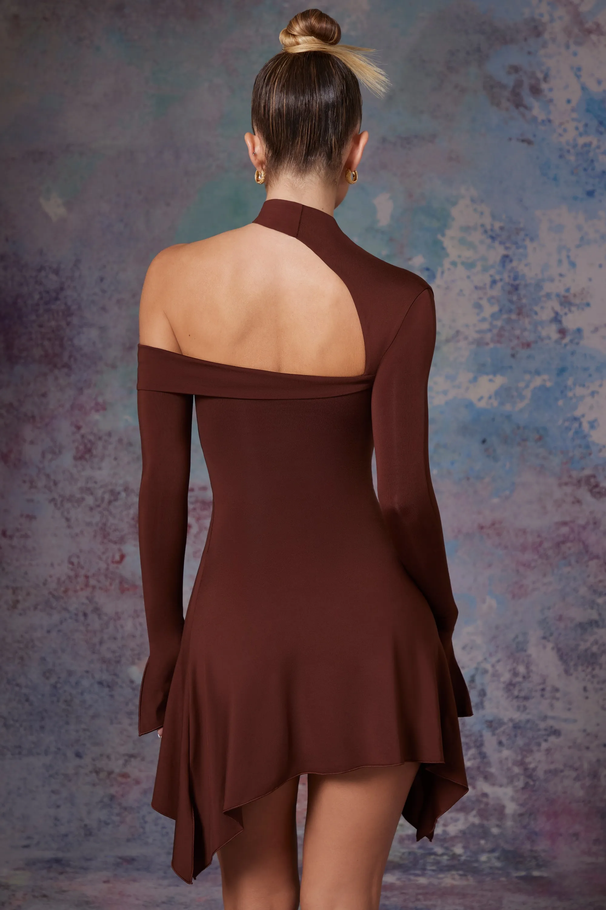 Asymmetric High Neck Mini Dress in Brown