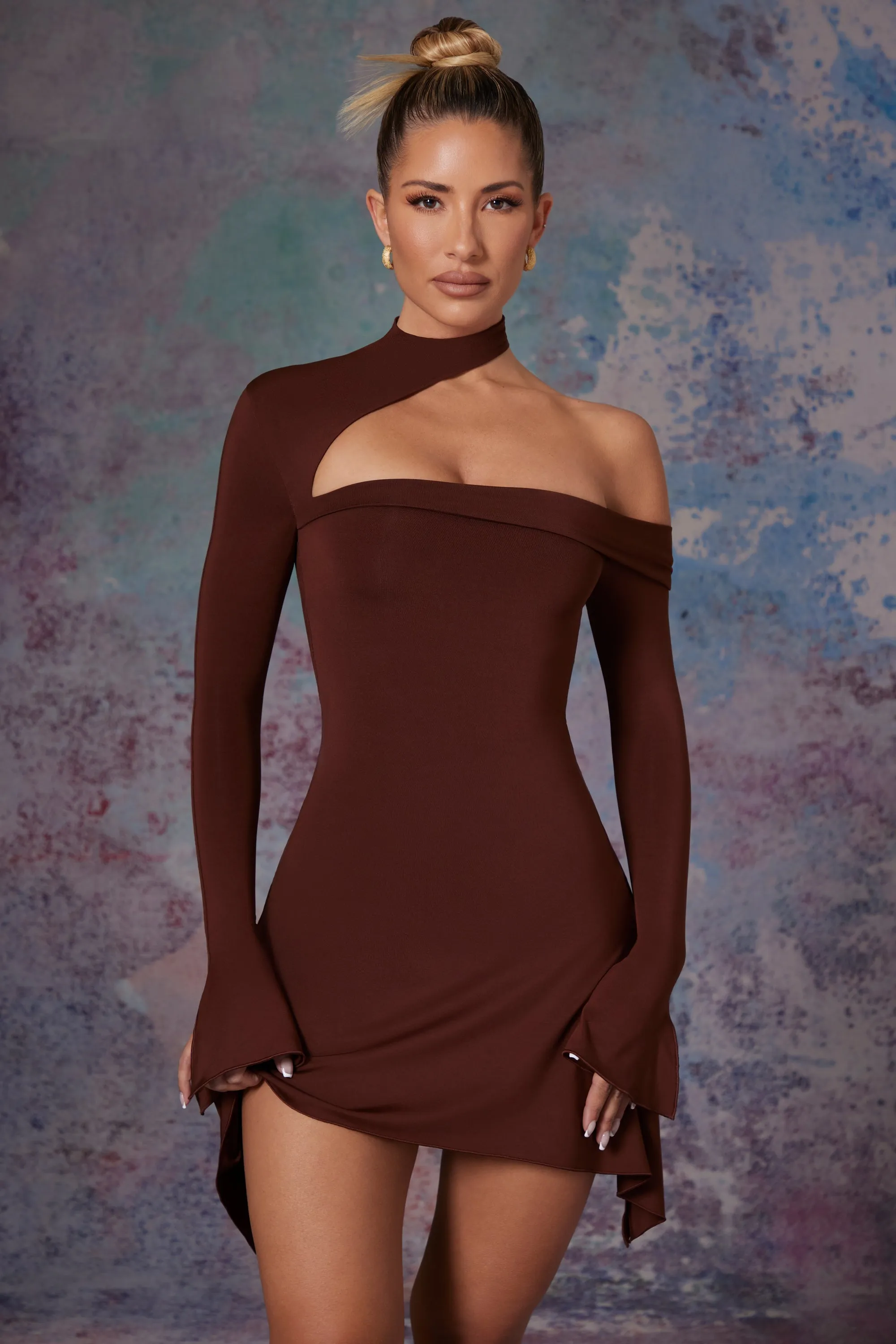 Asymmetric High Neck Mini Dress in Brown