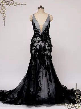 Black Lace Wedding Dress with 3D Flowers AMARIS