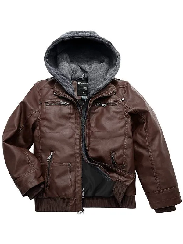 Boys Faux Leather Jacket with Removable Hood