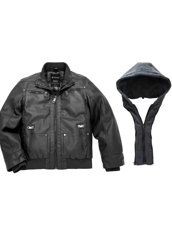 Boys Faux Leather Jacket with Removable Hood