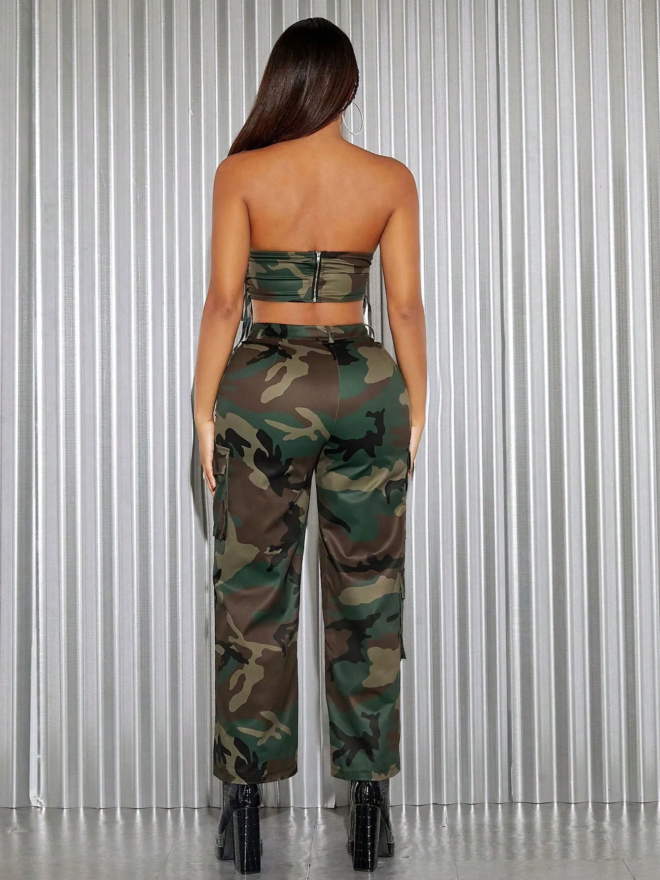 Camo Zip Back Tube Top Cargo Pants Set