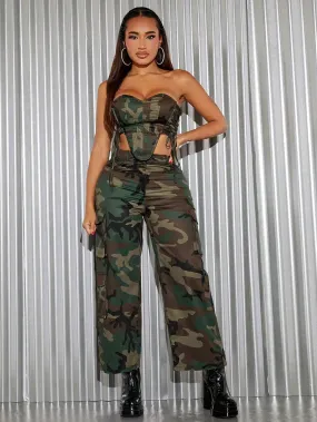 Camo Zip Back Tube Top Cargo Pants Set