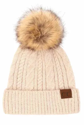 C.C Soft Cuff Cable Knit Faux Fur Pom Bean