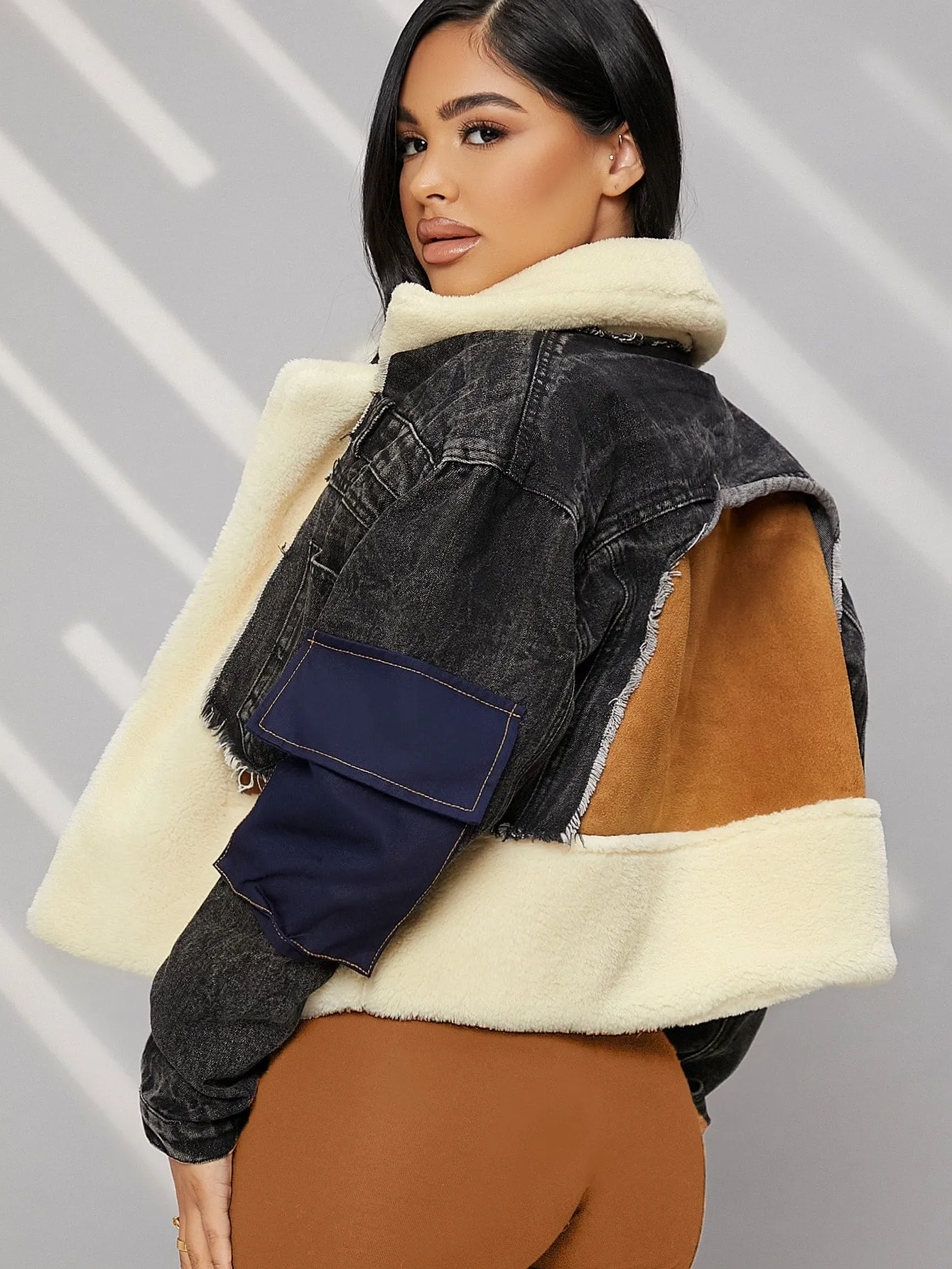 Denim Mix Media Cropped Winter Jacket