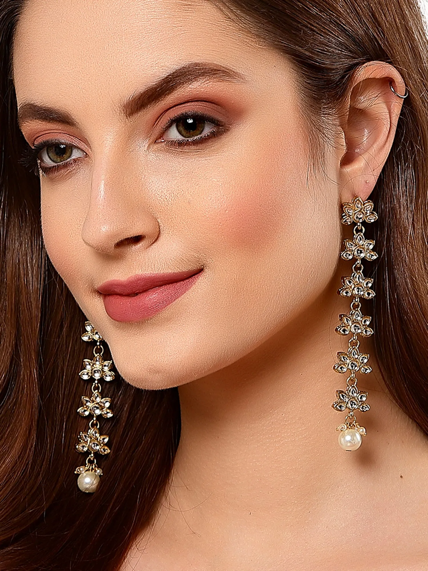 Floral Shaped Embellished Kundan Studded Drop Earrings