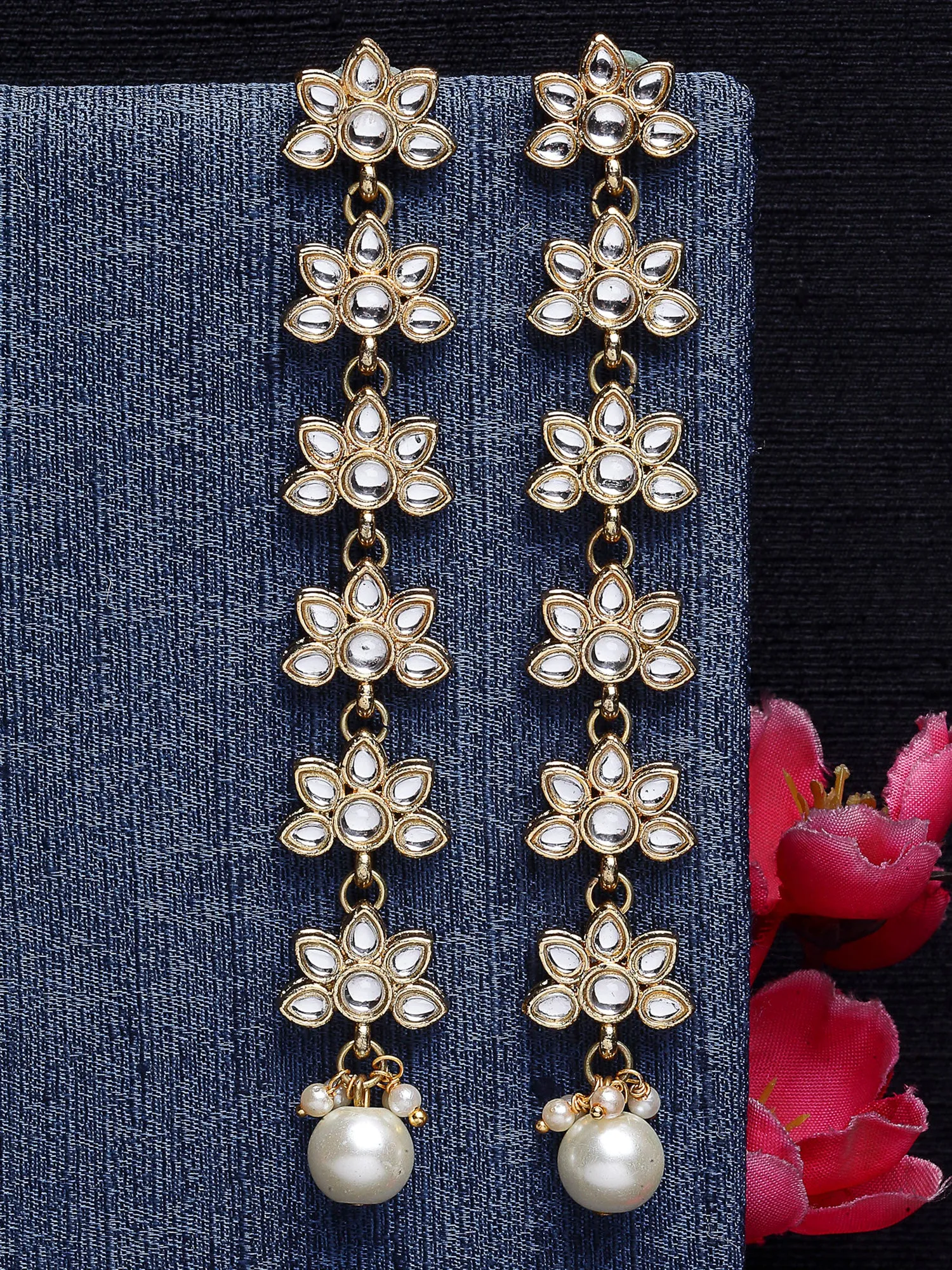 Floral Shaped Embellished Kundan Studded Drop Earrings