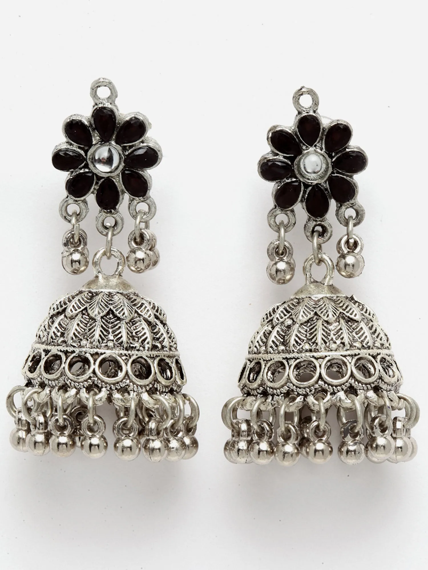 Floral Shaped Oxidised Silver Jhumki Earrings