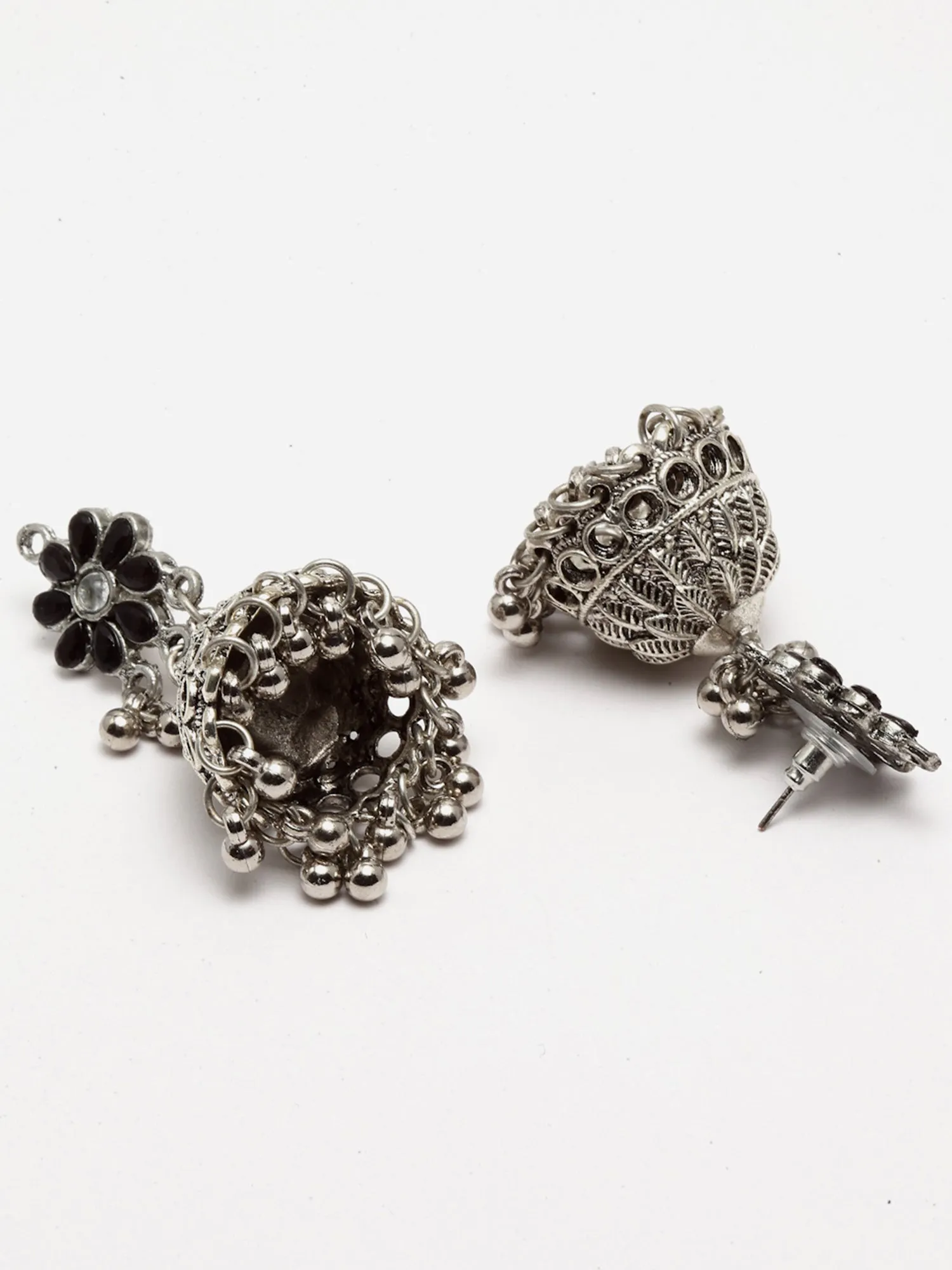 Floral Shaped Oxidised Silver Jhumki Earrings