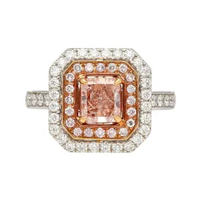 GIA Certified Fancy Orangy Pink Diamond Double Halo 18K White Gold Ring