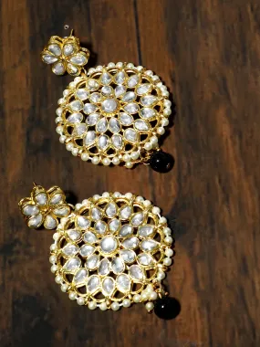 Gold Plated Black Bead Kundan Dangler Earrings