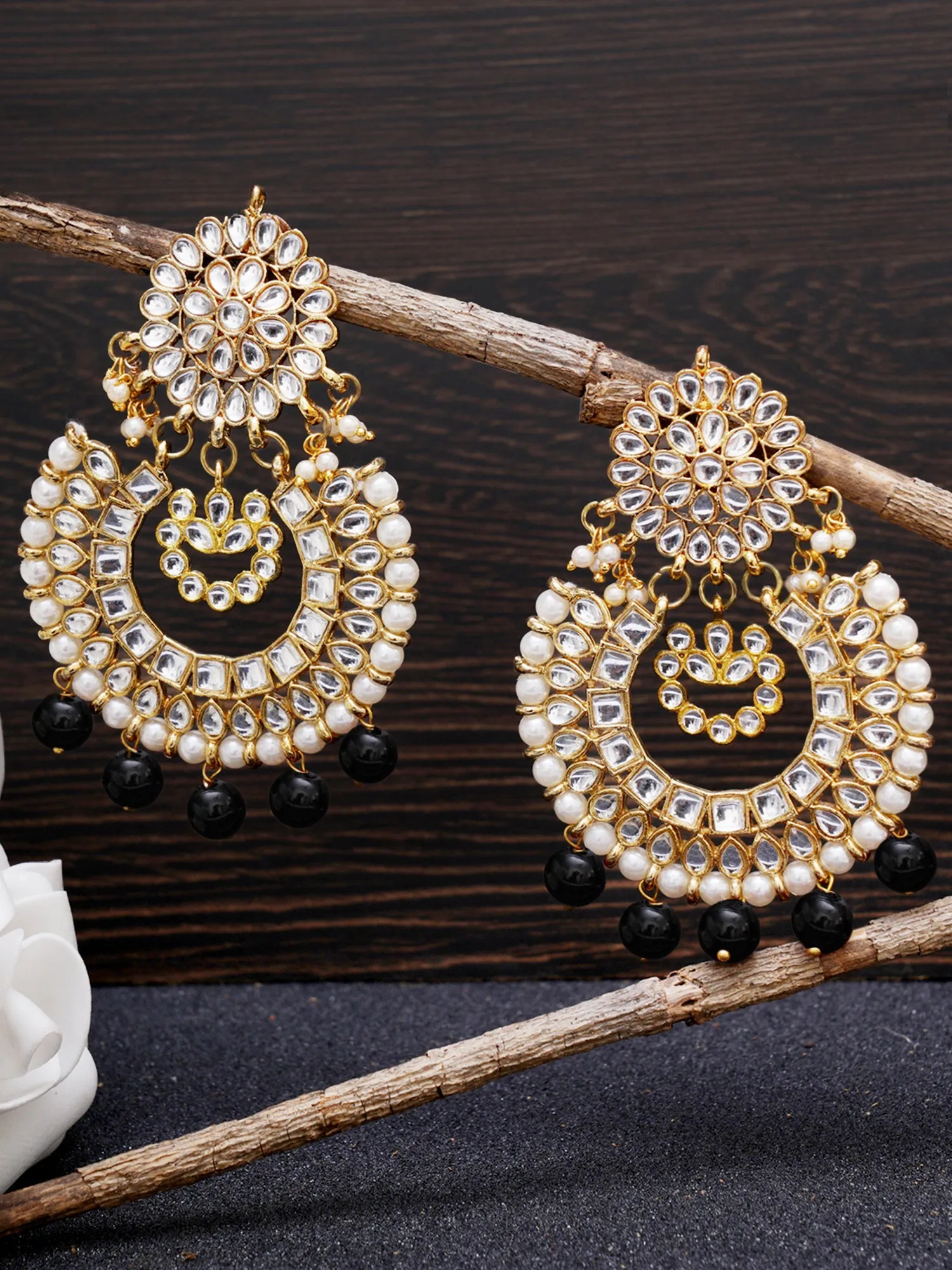 Gold Plated Black Drop Kundan Chandbali Earrings