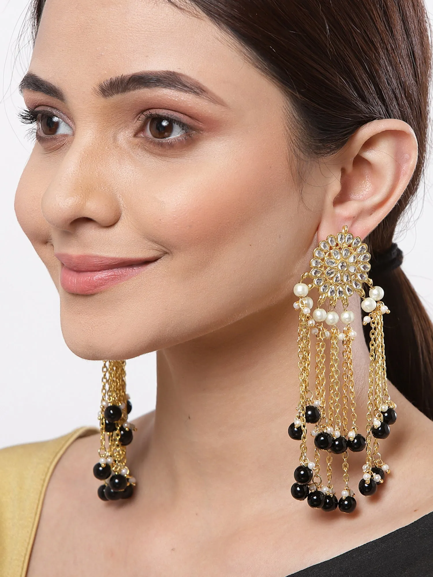 Gold Plated Black Kundan Tassel Earrings