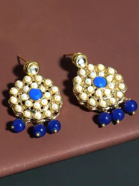 Gold Plated Blue Beads Kundan Dangler Earrings for Women