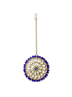 Gold Plated Blue Beads Kundan Maangtikka