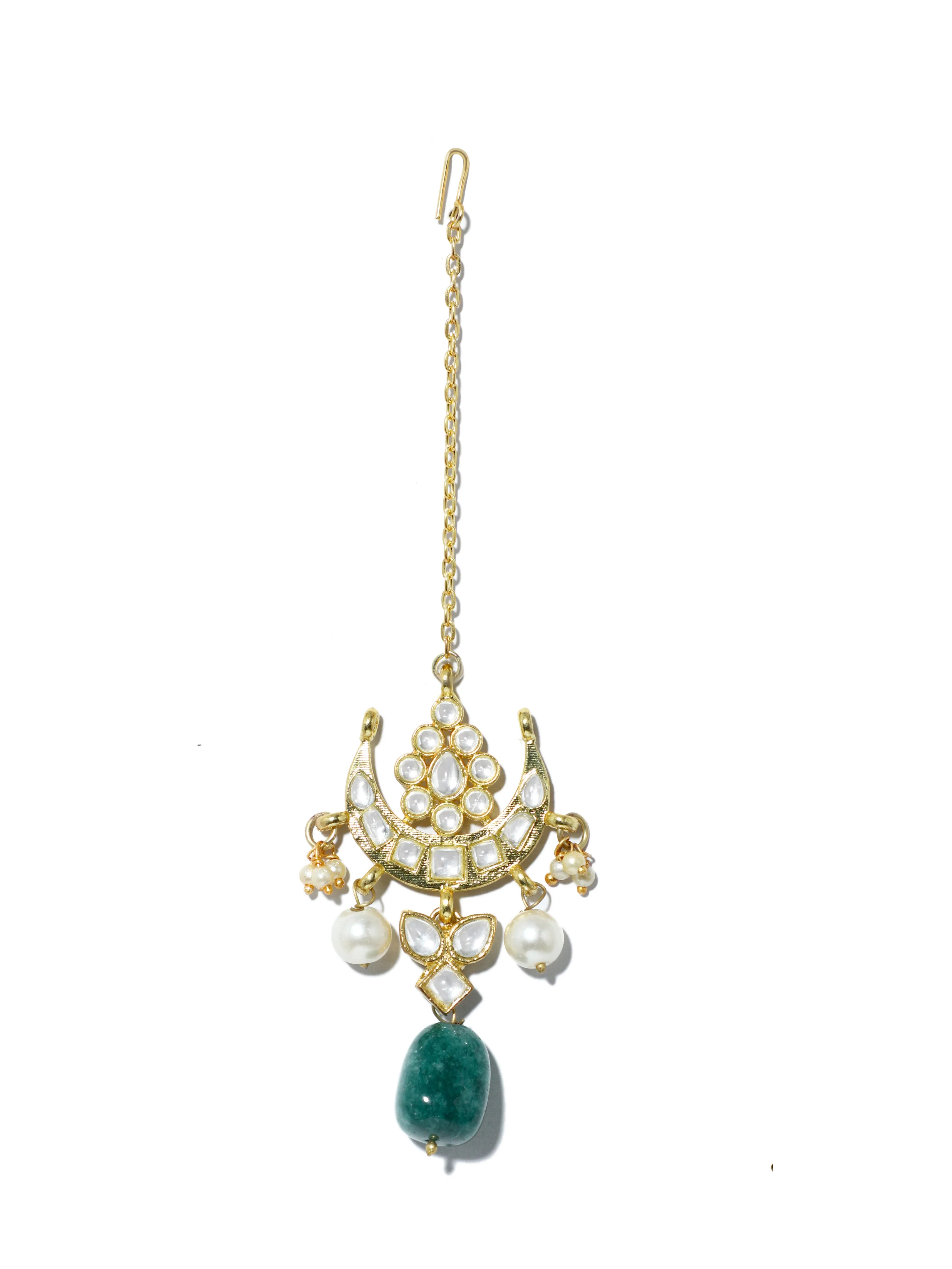 Gold Plated Green Bead Kundan Dangler Earrings with Maangtikka