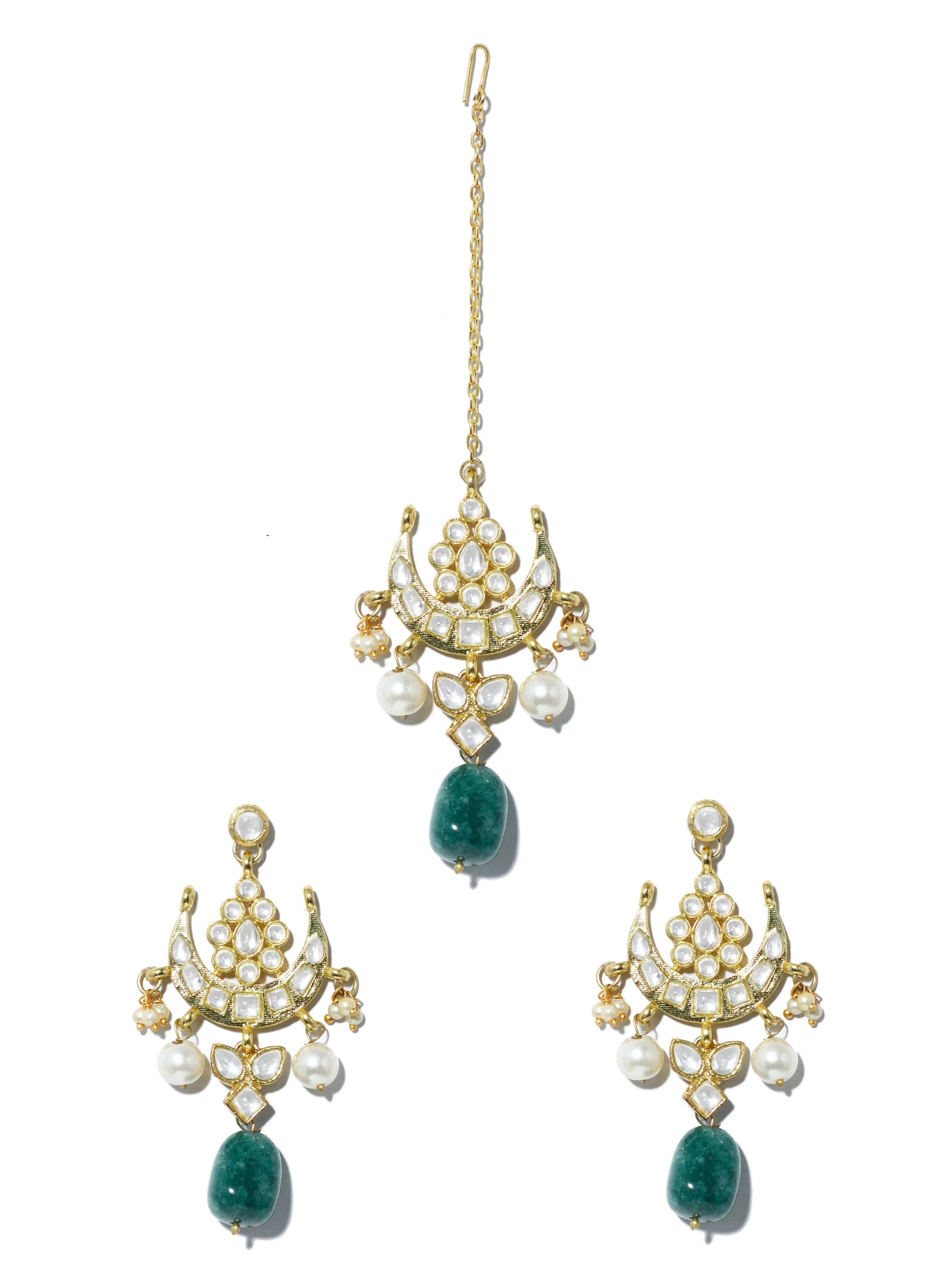 Gold Plated Green Bead Kundan Dangler Earrings with Maangtikka