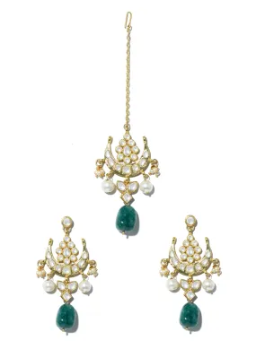 Gold Plated Green Bead Kundan Dangler Earrings with Maangtikka