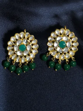 Gold Plated Green Beads Kundan Dangler Earrings for Women