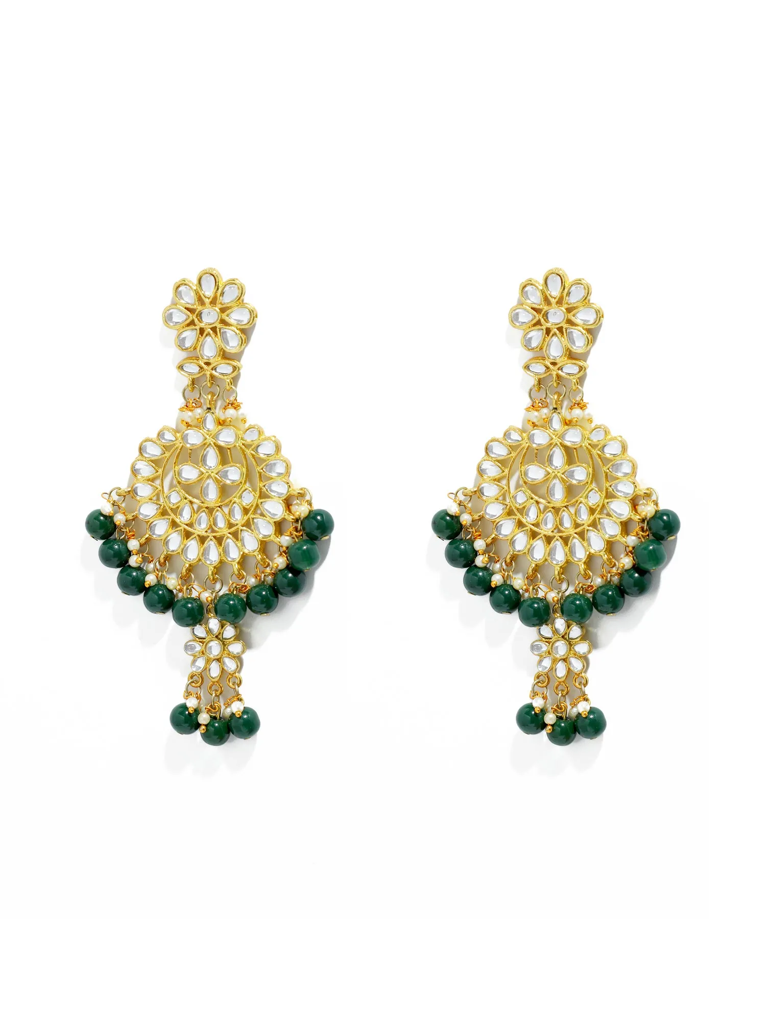 Gold Plated Green Drops Kundan Chandbali Earrings with Maangtikka for Women