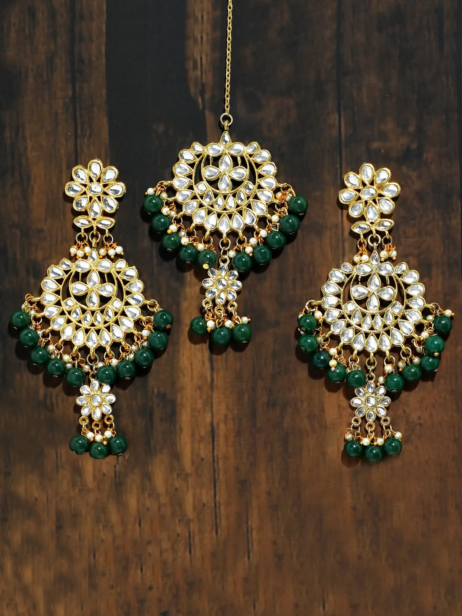 Gold Plated Green Drops Kundan Chandbali Earrings with Maangtikka for Women