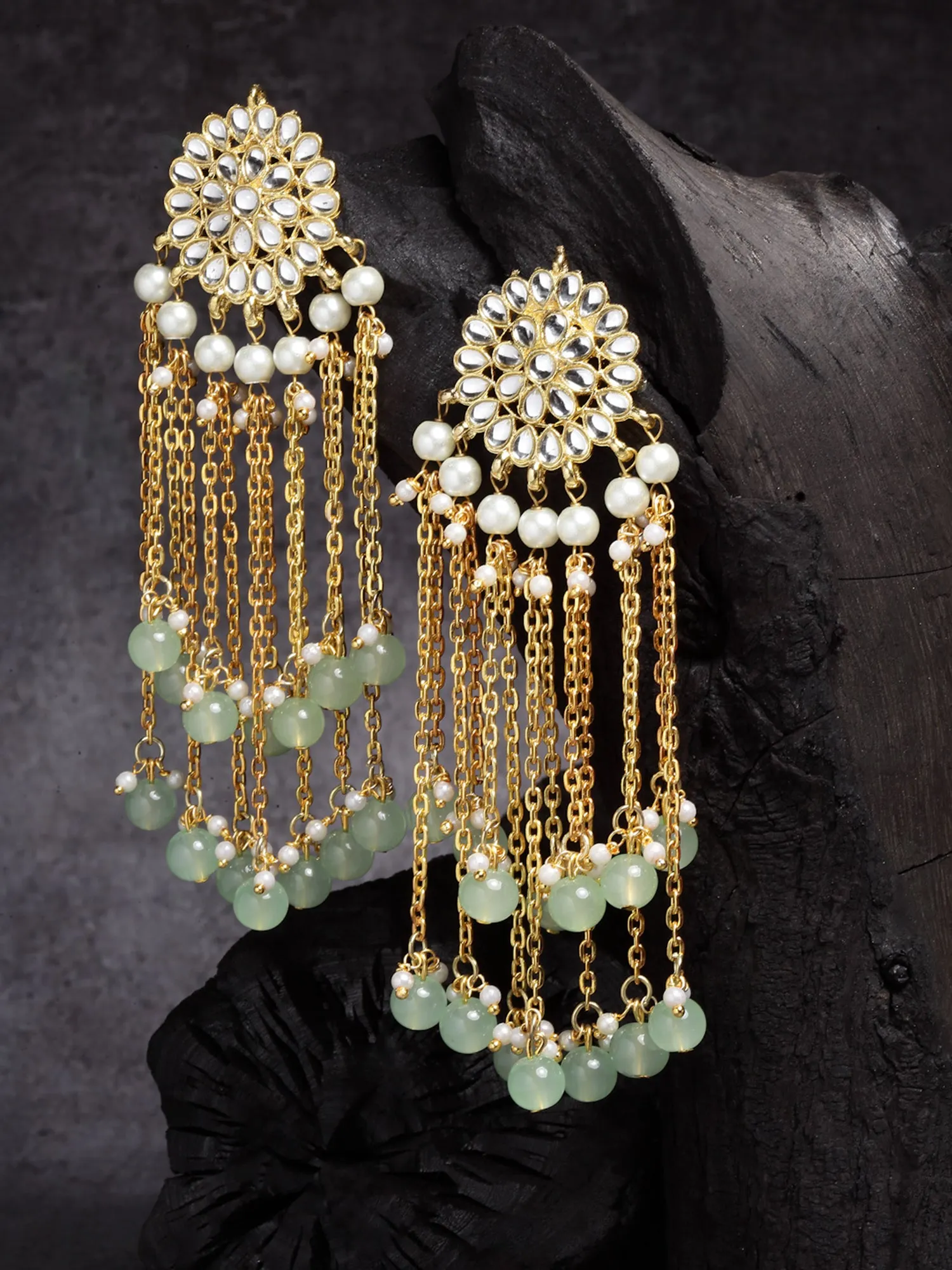 Gold Plated Lime Green Kundan Tassel Earrings