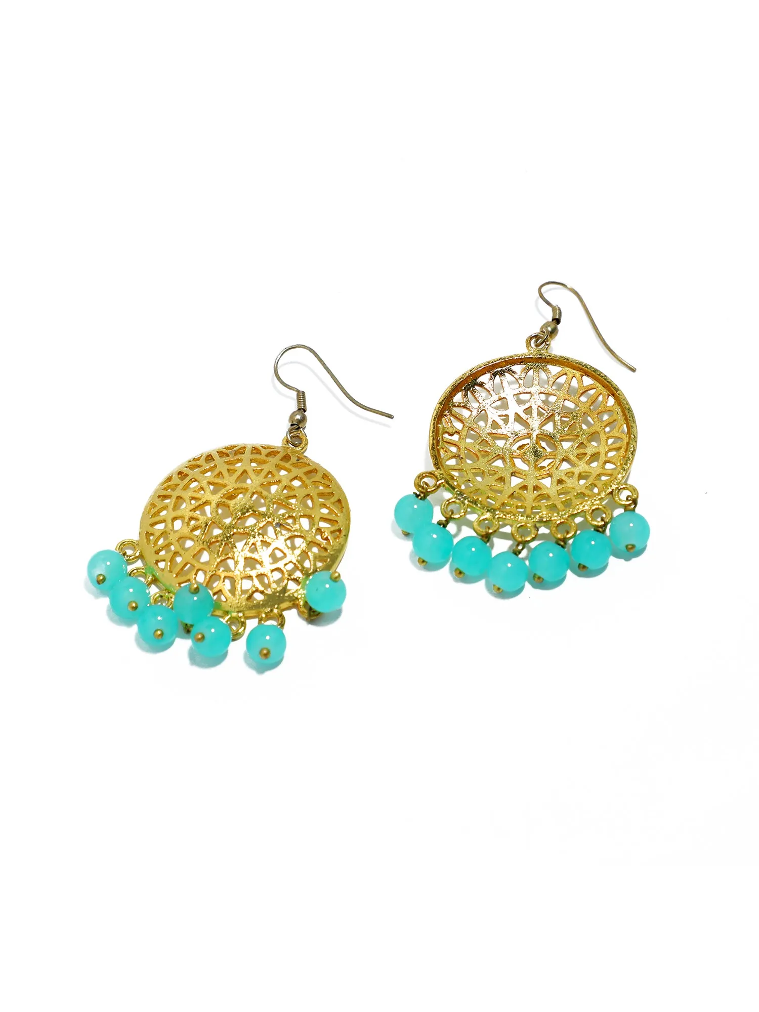 Gold Plated Mint Blue Beads Kundan Dangler Earrings for Women