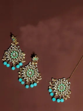 Gold Plated Mint Blue Beads Kundan Dangler Earrings with Maangtikka for Women