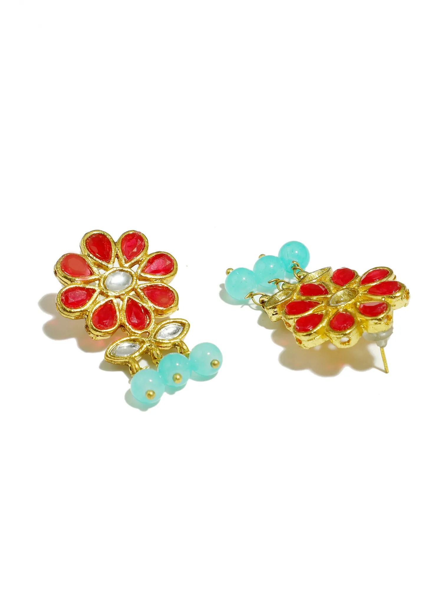 Gold Plated Mint Green Beads Red Kundan Dangler Earrings for Women