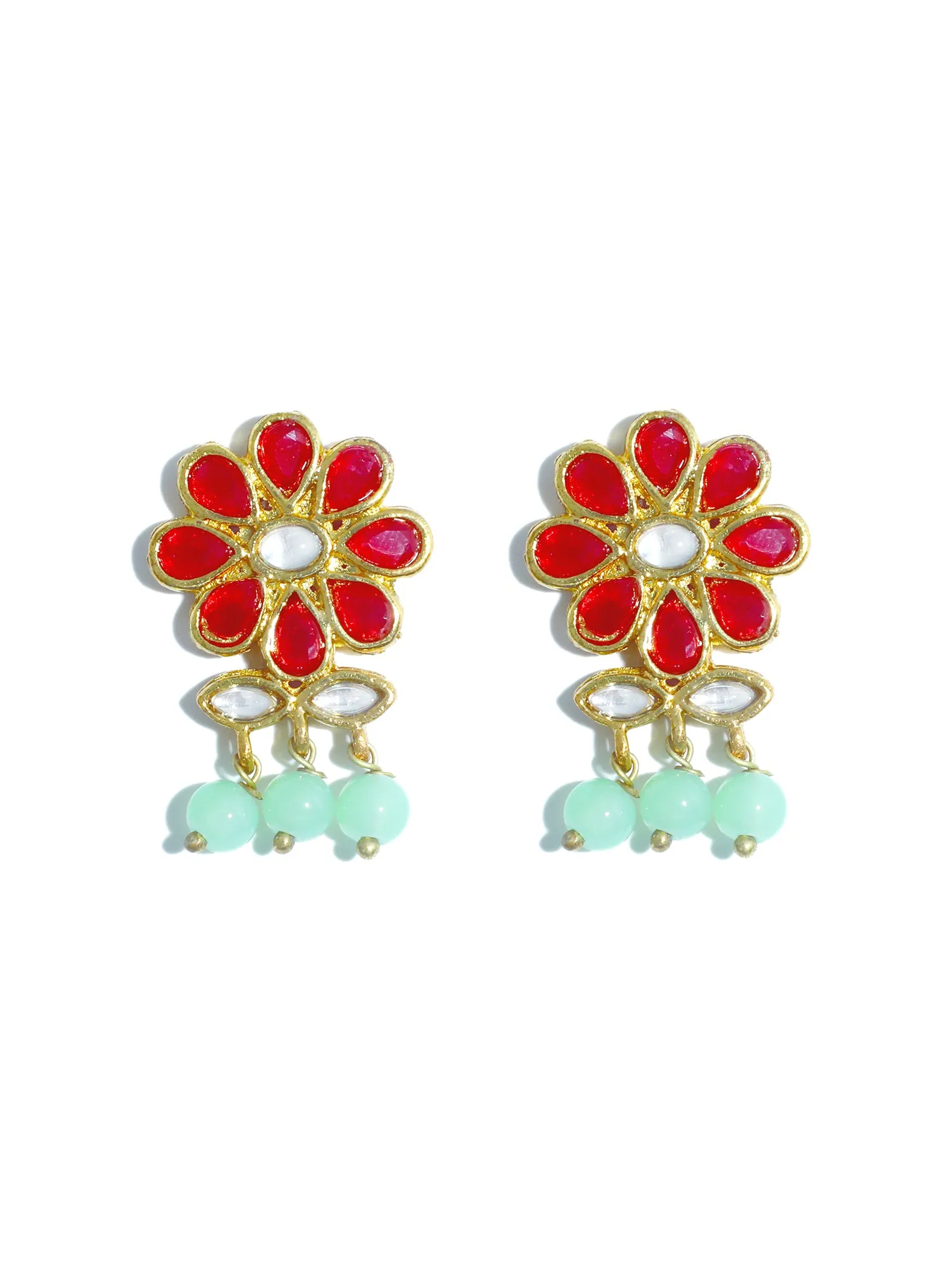 Gold Plated Mint Green Beads Red Kundan Dangler Earrings for Women