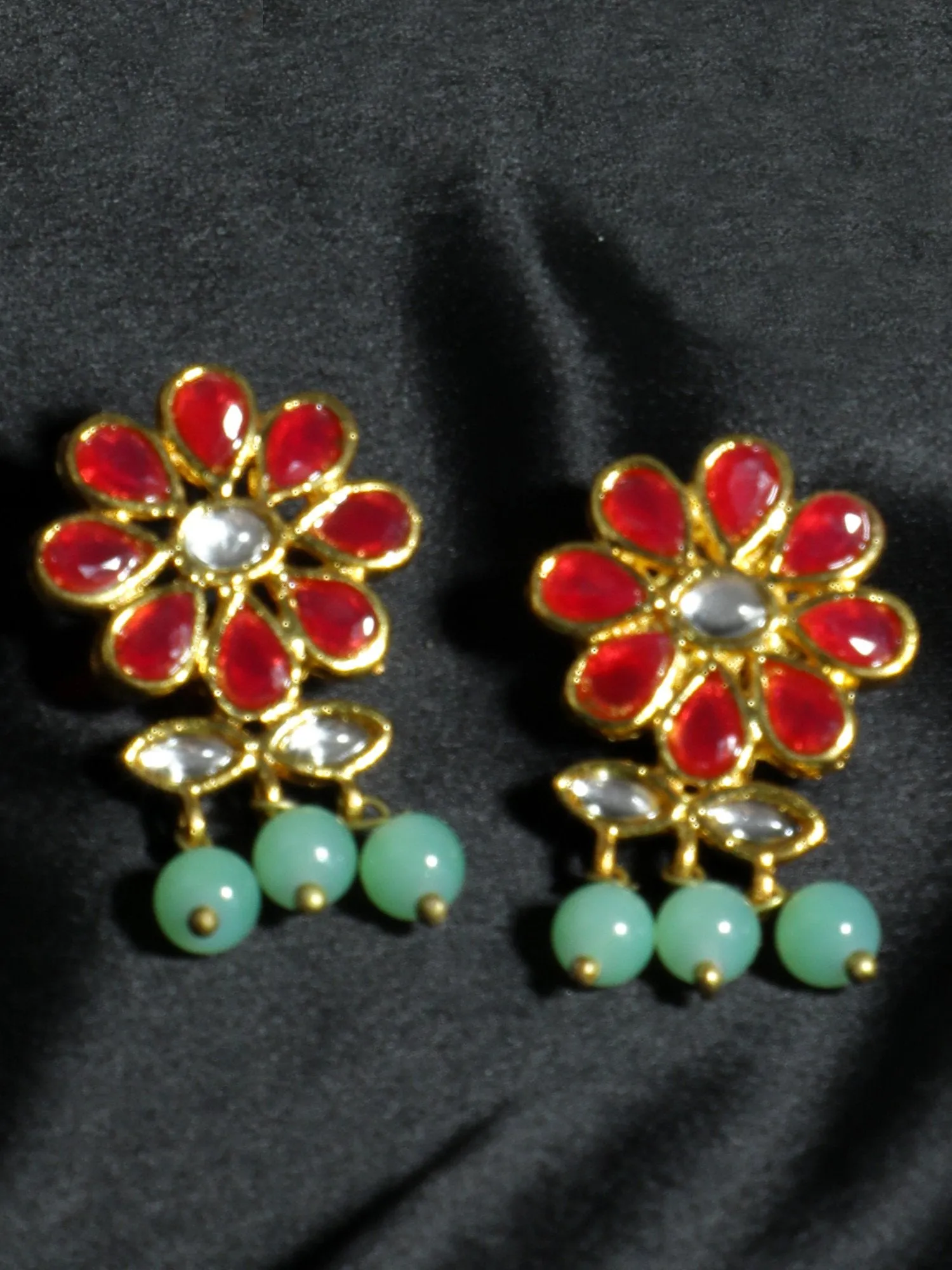 Gold Plated Mint Green Beads Red Kundan Dangler Earrings for Women