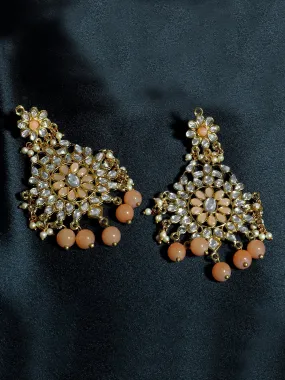 Gold Plated Peach Beads Kundan Dangler Earrings for Women