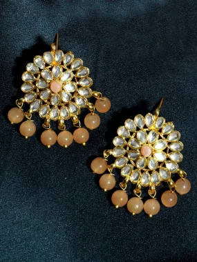 Gold Plated Peach Beads Kundan Dangler Earrings for Women