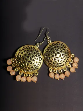 Gold Plated Peach Beads Kundan Dangler Earrings for Women